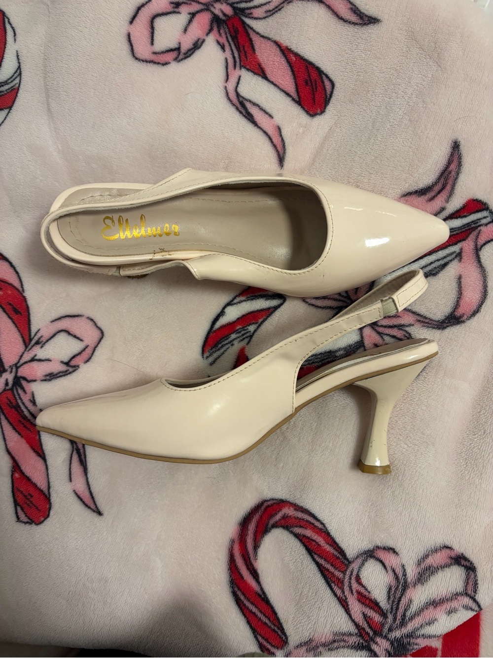 Nude Patent Slingback Pumps